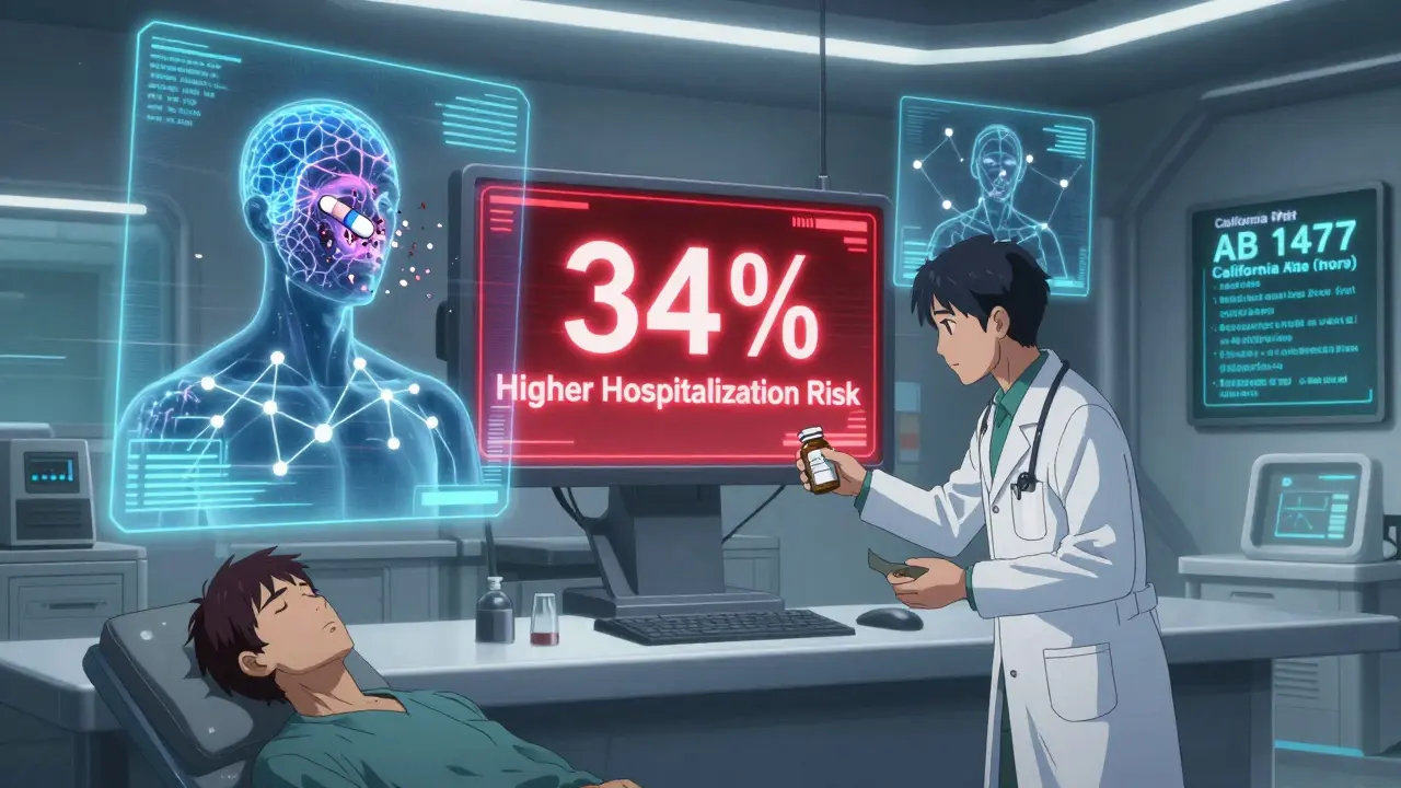 Doctors monitor holographic patients in a clinic as a generic pill triggers a system collapse and hospitalization alert.
