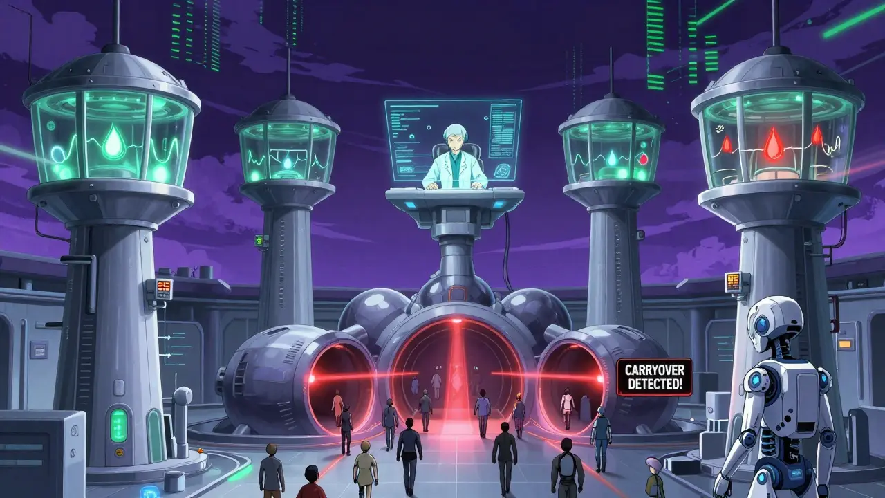 Fortress with four towers monitoring blood curves, a patient being ejected for dropout.