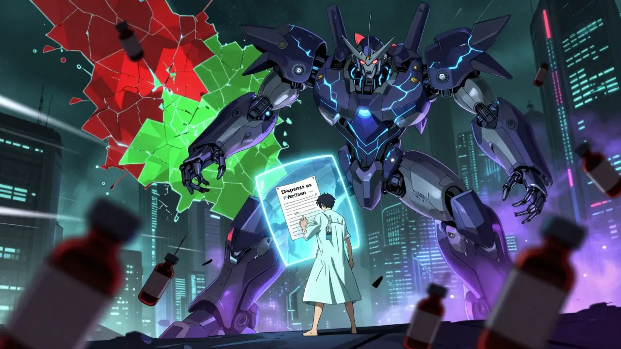 Human figure protected by a doctor's note shield, fighting off shadowy generic drug vials in a cyberpunk landscape.