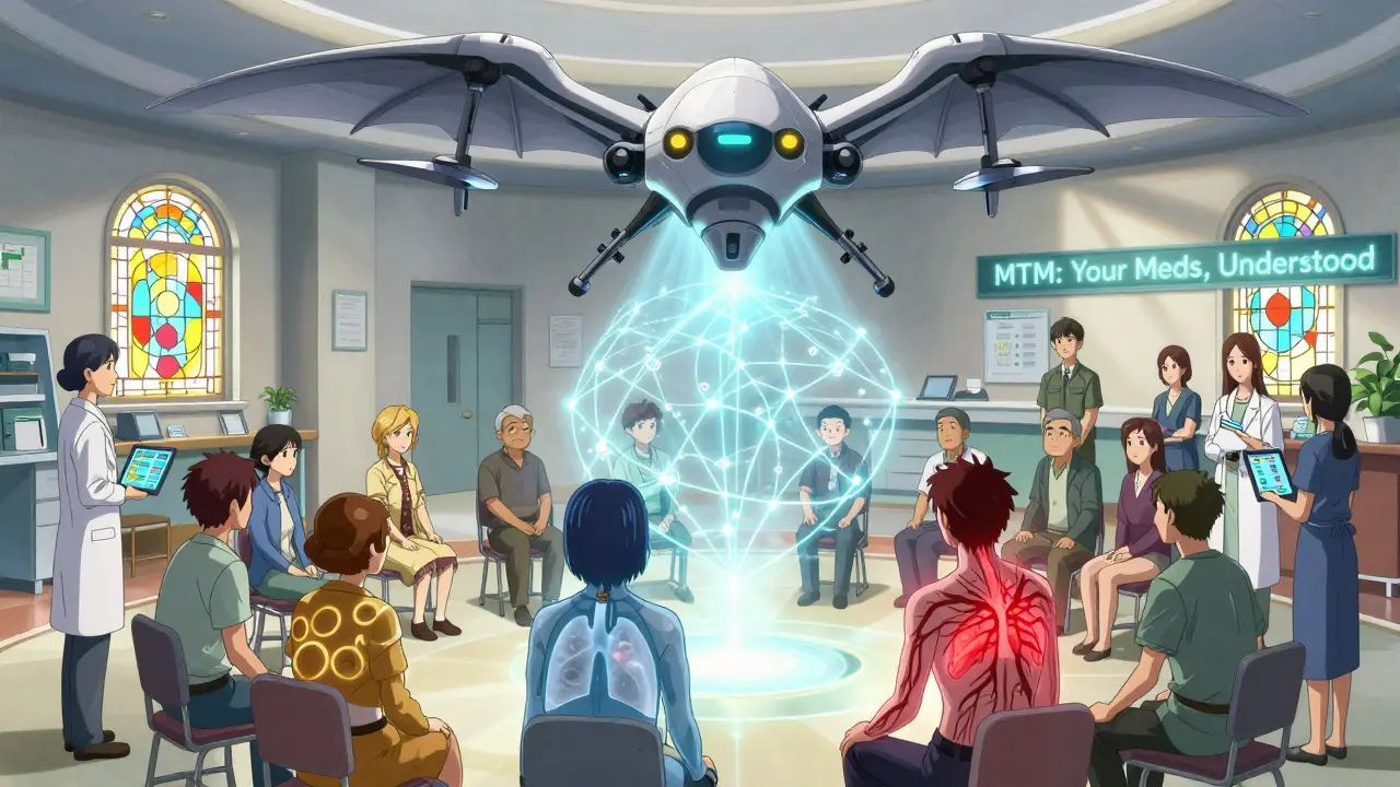Multiple patients with condition auras sit under a hovering MTM drone projecting a web of safe medication connections.