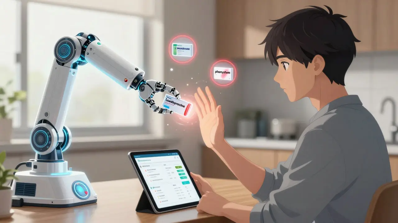 Patient blocks robotic pharmacy arm with glowing hand, floating warning icons of critical medications around them.