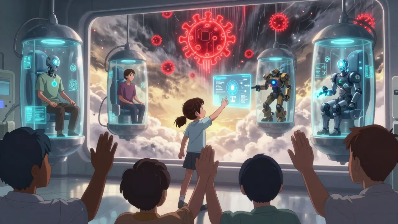 Patients in futuristic pods connected to holographic treatments, diverse hands forming a protective shield.