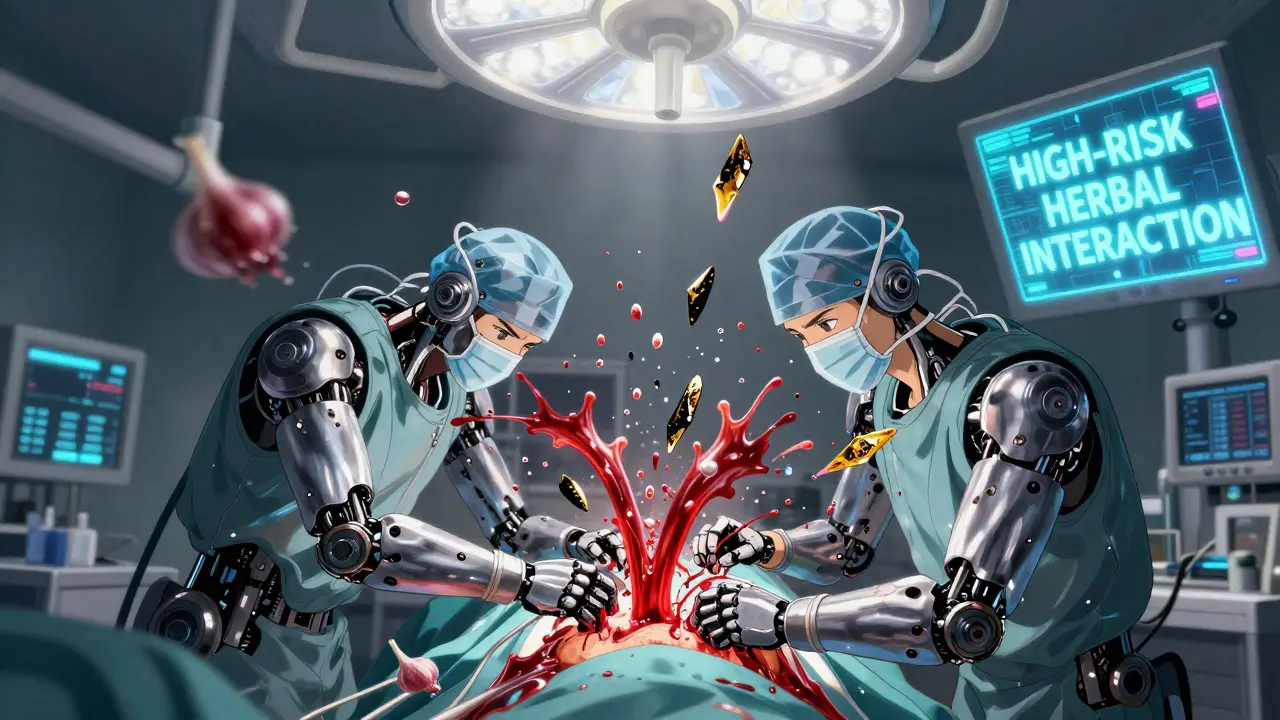 Robotic surgeons battle a violent bleed during surgery caused by garlic supplements in mecha anime style.