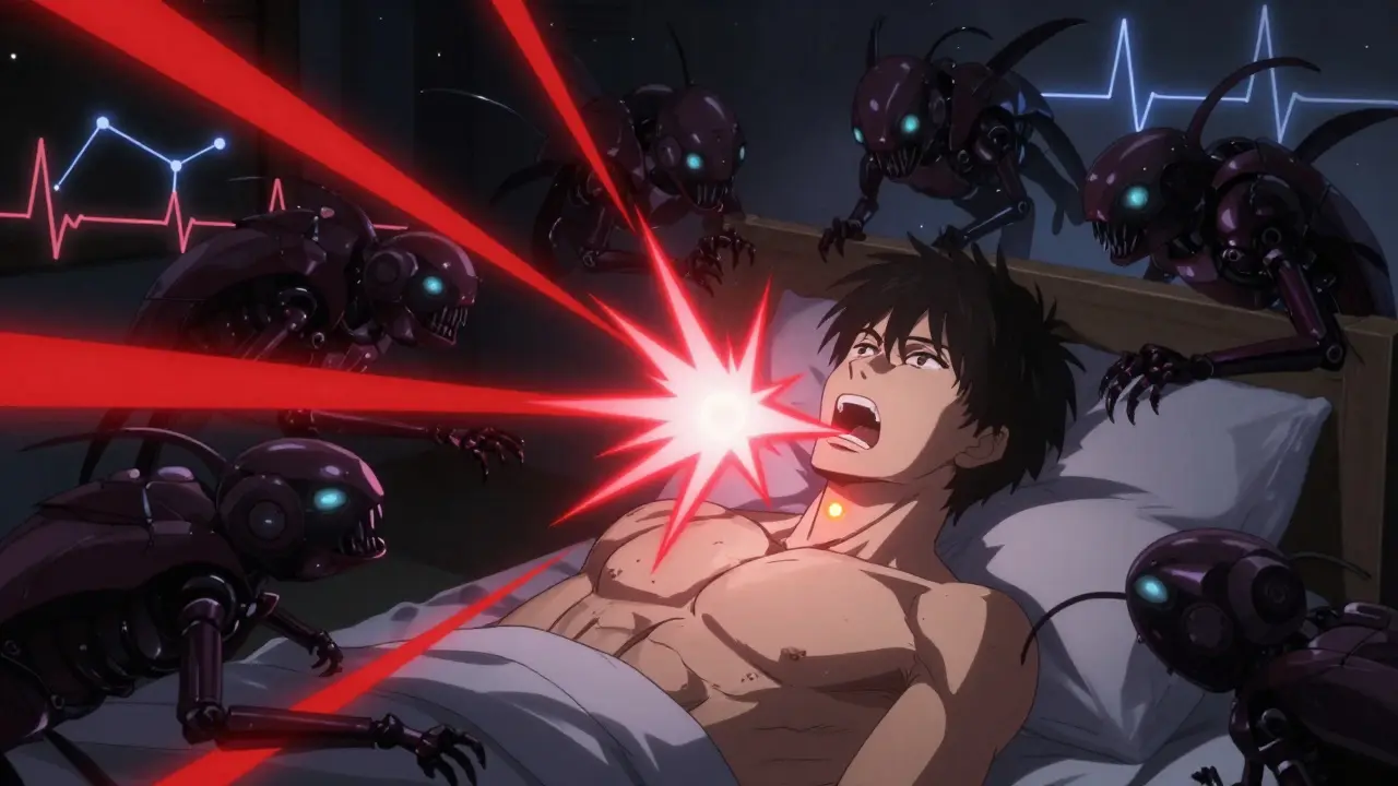 Shadowy apnea monsters attacking a throat while a healing implant glows in the neck under starry ECG constellations.