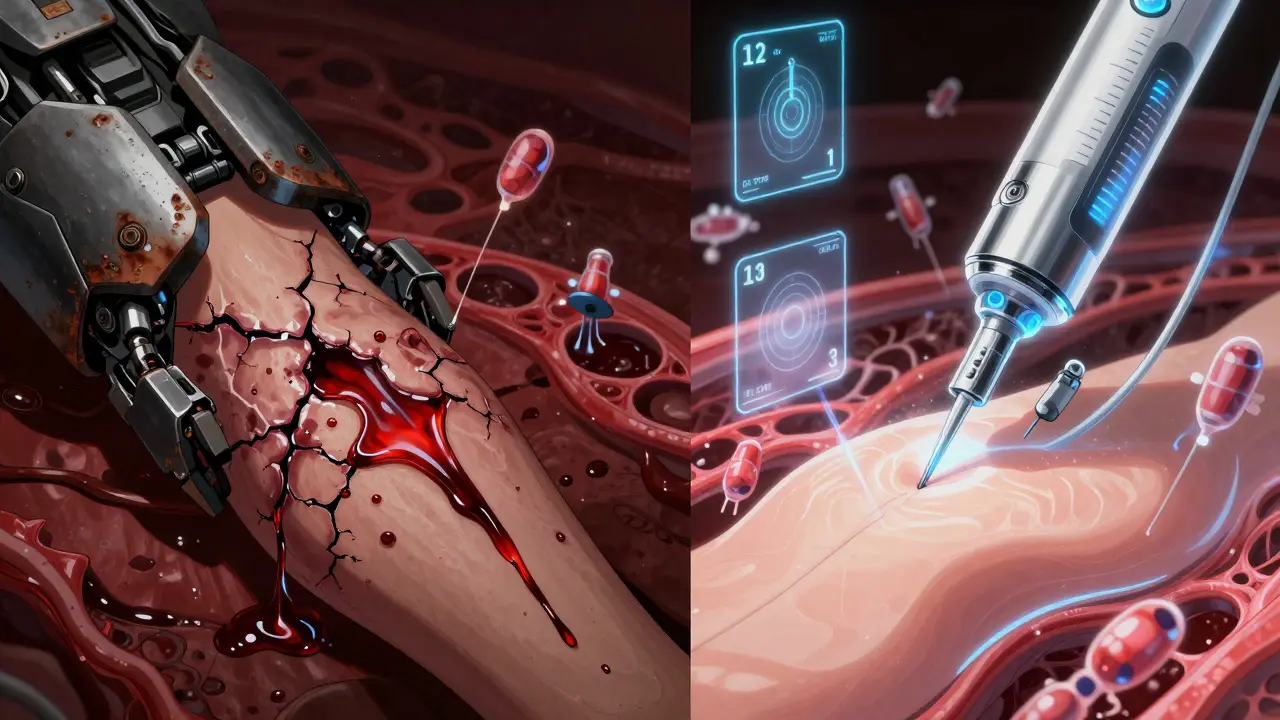 Side-by-side comparison: damaged injection site with rusted plating vs. clean, glowing healthy skin with rotating zone icons.
