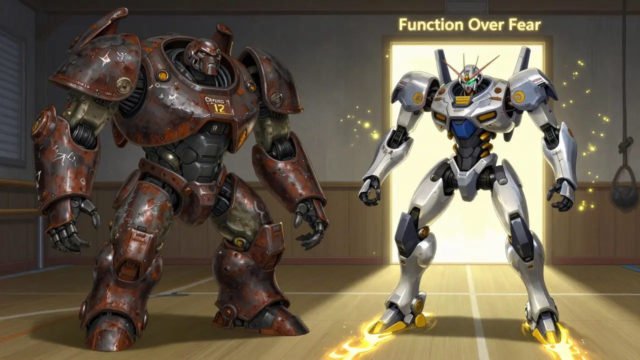 Two contrasting mechs: one frozen in fear, the other moving confidently toward a door labeled 'Function Over Fear'.
