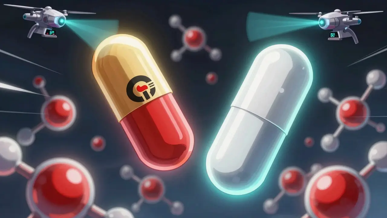 Two pills float side by side, their molecular structures glowing with identical active ingredients.