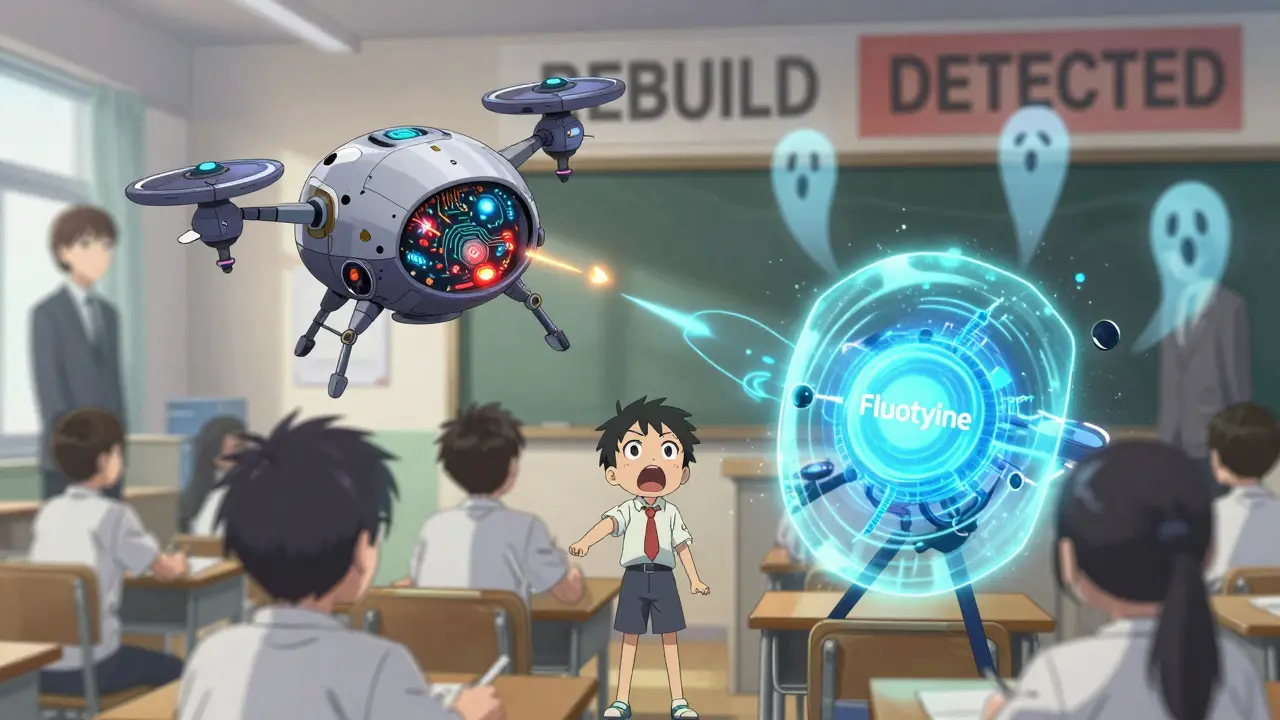 A child's mind as a sparking mech cockpit during ADHD medication rebound, with warning sirens and ghostly observers.