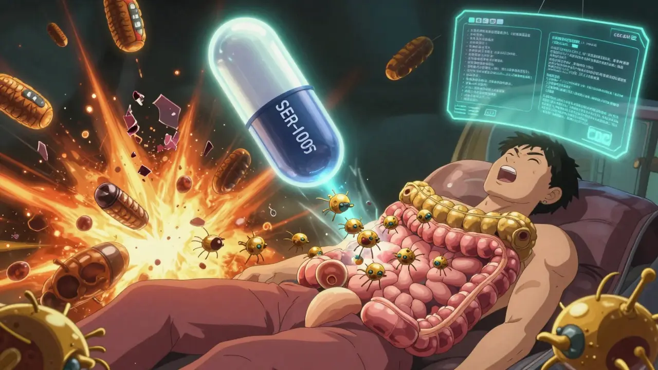 A futuristic capsule delivers beneficial bacterial drones to rebuild a damaged colon, restoring order with golden armor.