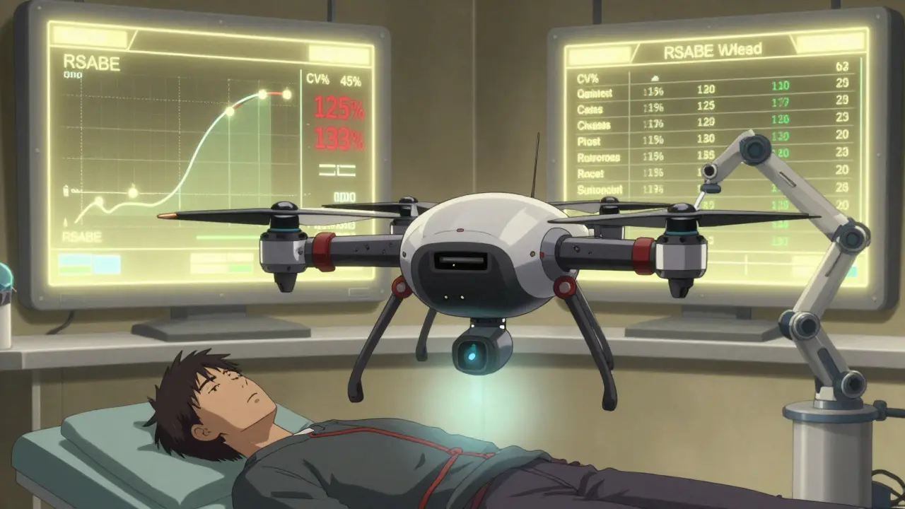 A futuristic drone projecting pharmacokinetic curves while RSABE parameters reduce sample size from 120 to 24.