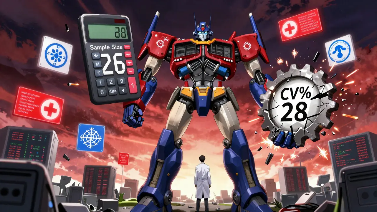 A giant calculator on a battlefield of clinical data, with cracked sample size gear shattering beside a scientist.