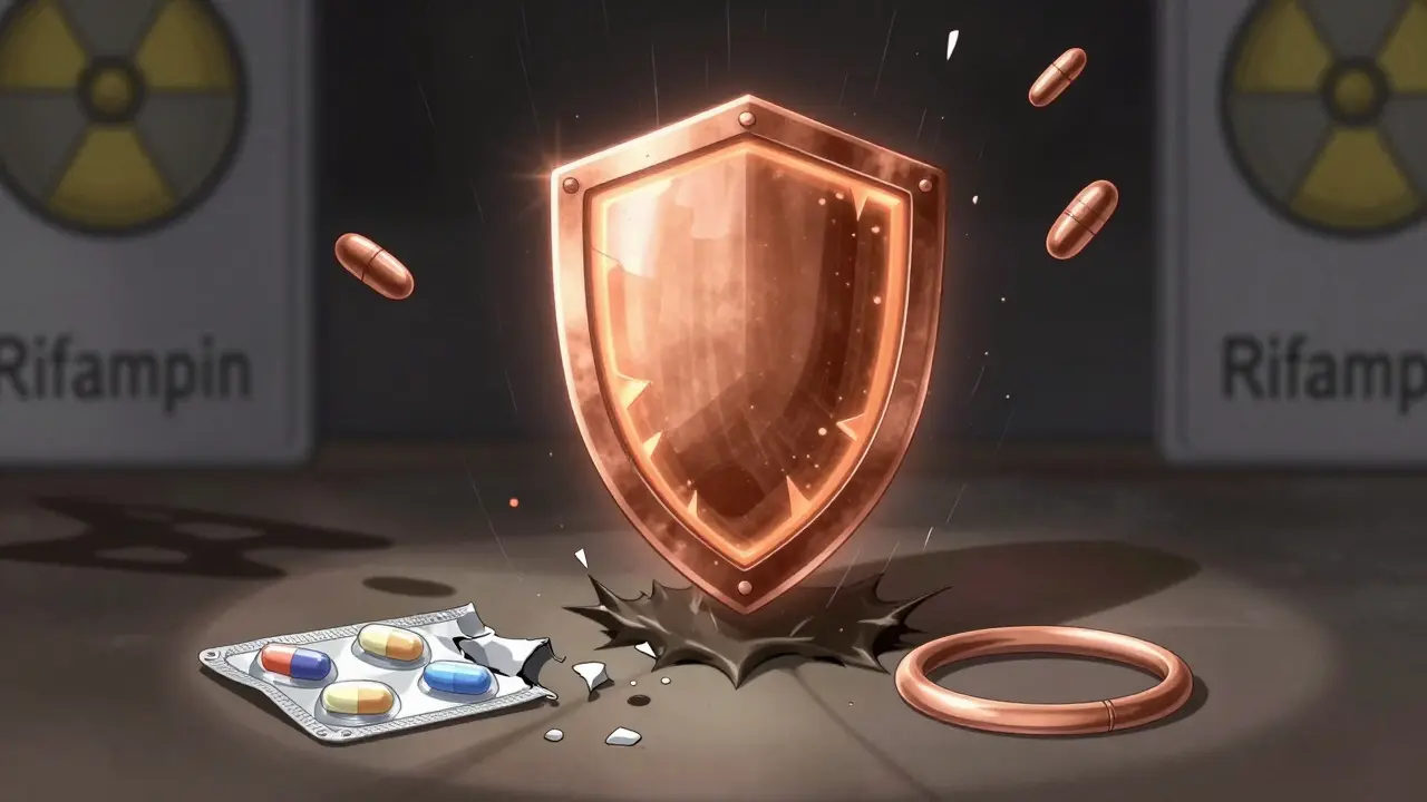 A glowing copper IUD shield repelling radioactive antibiotic particles while broken birth control devices lie shattered.