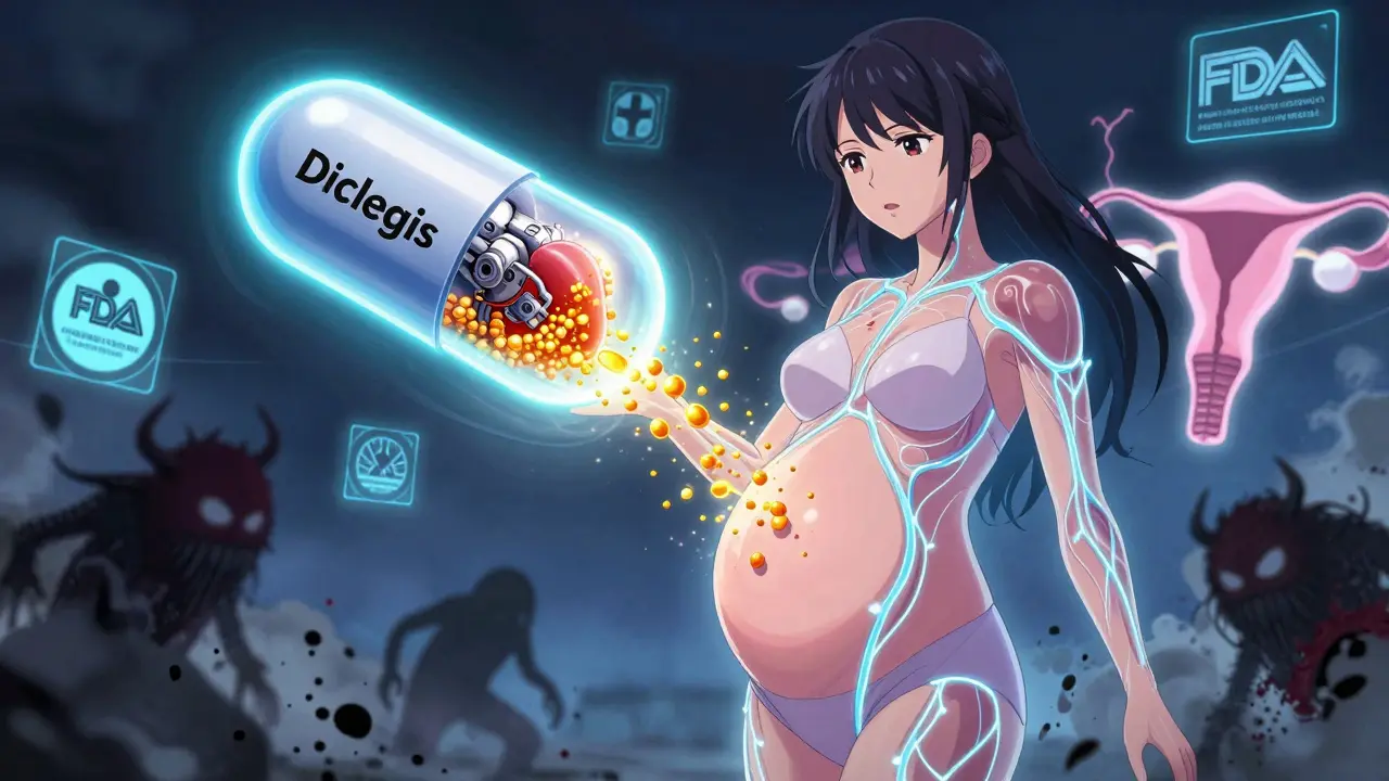 A glowing Diclegis pill releasing therapeutic particles into a pregnant woman's bloodstream.
