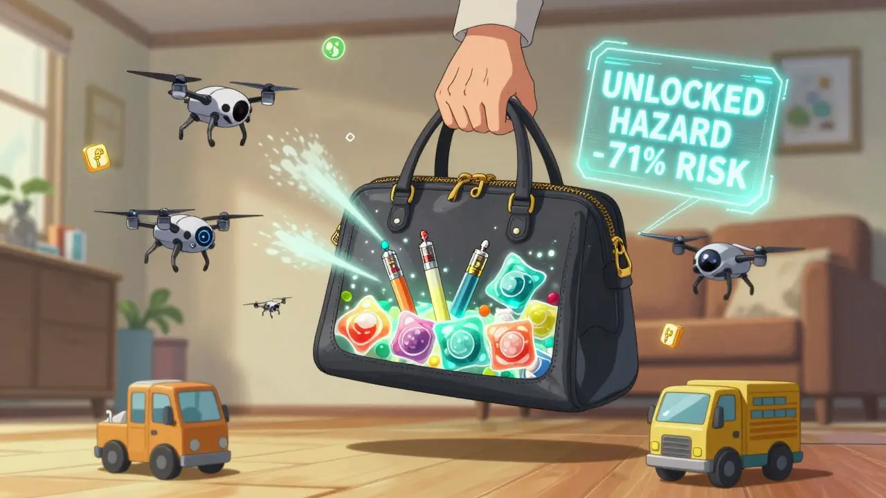 A grandparent’s handbag hovers with glowing hazardous items as safety drones deploy locks and mist.