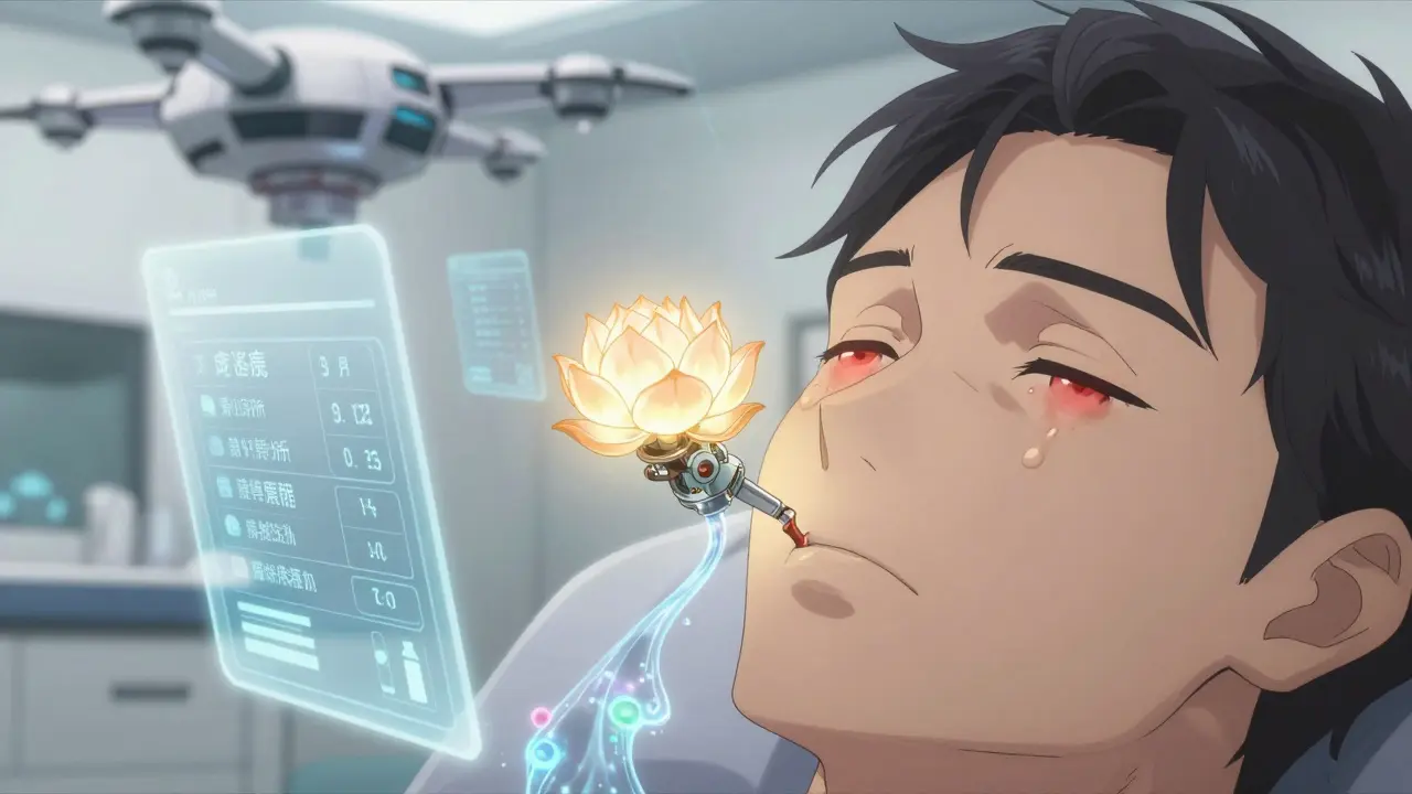 A lotus-shaped mechanical implant glows softly in a tear duct as data panels float nearby, reducing eye allergy symptoms.