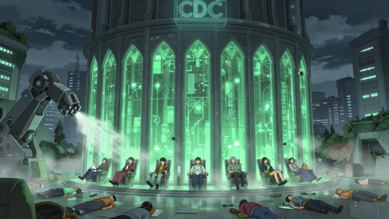 A massive air-conditioned respite center rising from the city, spraying mist over people on the pavement with glowing green energy panels.