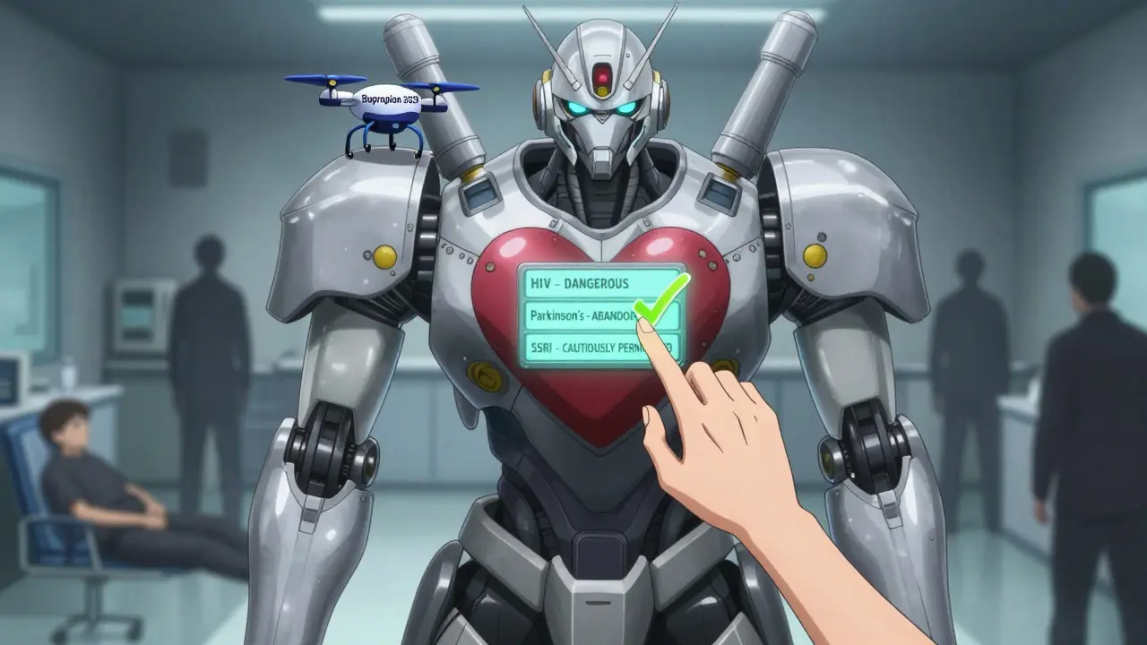 A massive medical mech with panels showing drug holiday risks and a new bupropion drone symbolizing safer alternatives.