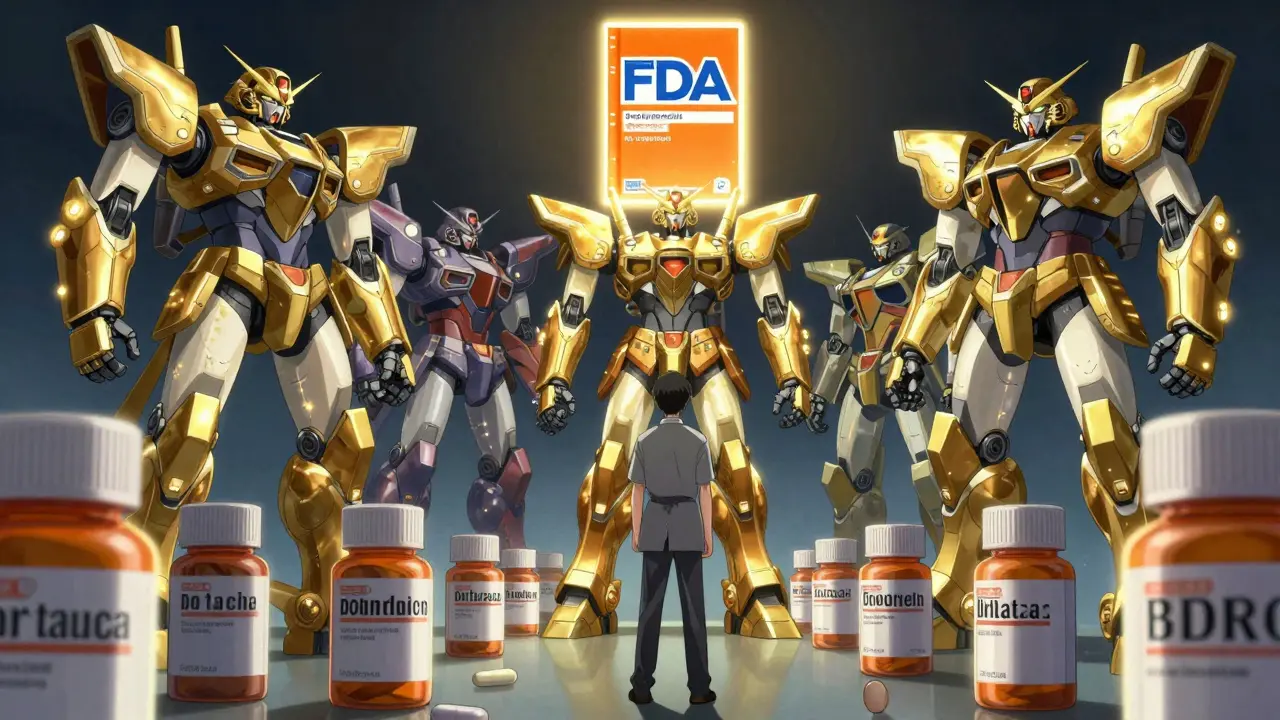 A patient surrounded by towering pill bottles as mechs, with authorized generic matching the brand in design and glow.