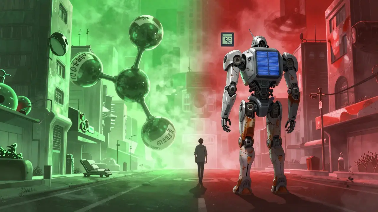 A person walking through a city where one side represents healthy habits and the other unhealthy ones, with a changing A1C reading above them.