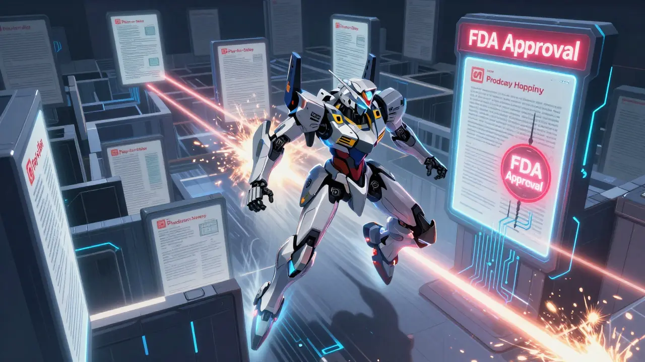 A sleek mecha races through a maze of patent documents, dodging legal traps.