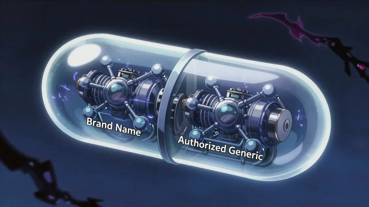 A transparent pill capsule revealing identical molecular engines inside branded and authorized generic versions.