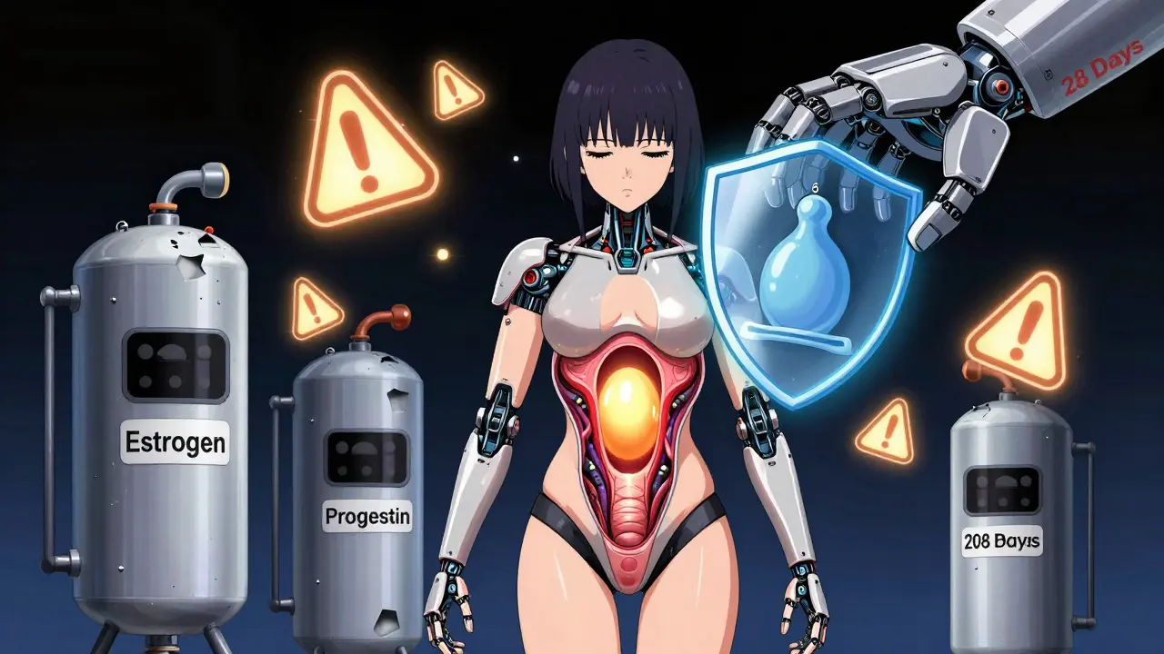 A woman's mechanical body with a releasing ovary as hormone tanks drain, protected by a shield of condoms and IUD icons.