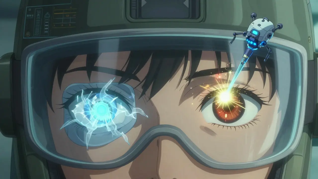 Close-up of eyes under a visor, one cooled by a frosty compress, the other treated by a glowing nanobot swarm.