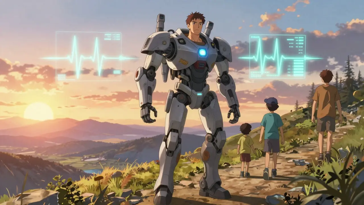 Man hiking trail with mechanical exoskeleton and family.