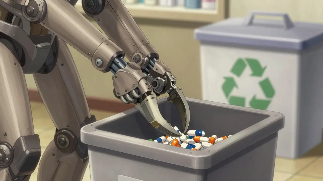 Mecha robot using claws to dispose expired medications into secure container