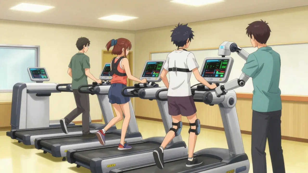 Patients cycling on mechanical treadmills with trainer in rehab center.