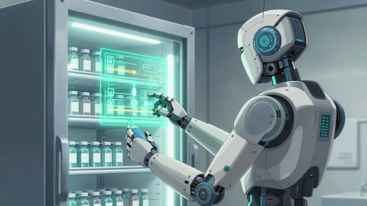 Robot analyzing insulin vials in storage unit with glowing temperature indicators