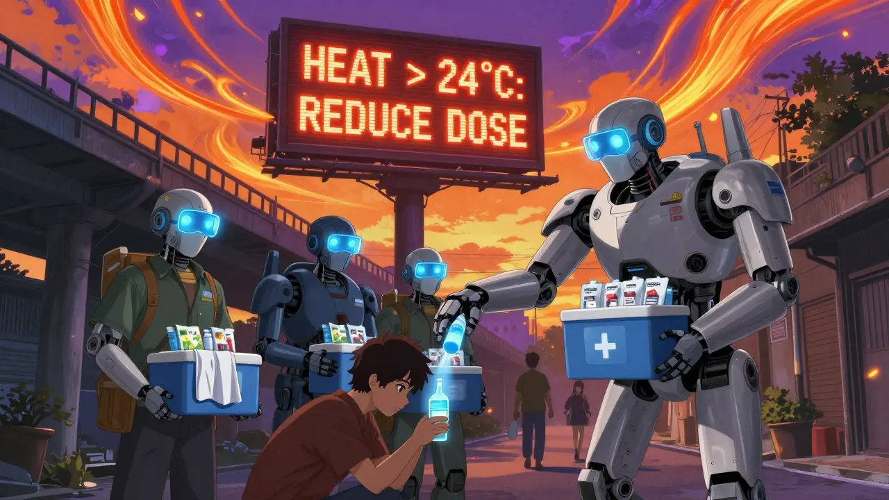 Robotic outreach workers distributing cooling supplies to vulnerable people under bridges, with heat warnings glowing in the sky.