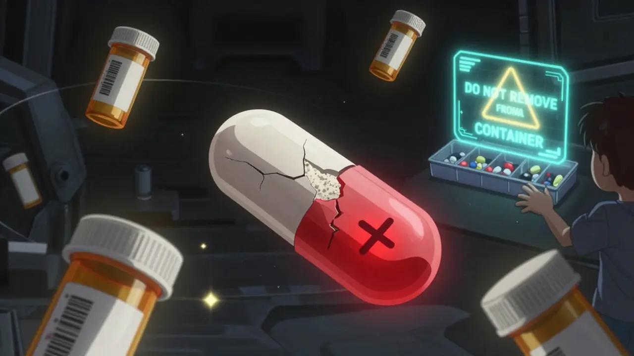 A counterfeit pill cracks open to reveal dangerous contents, while authentic bottles emit protective light.