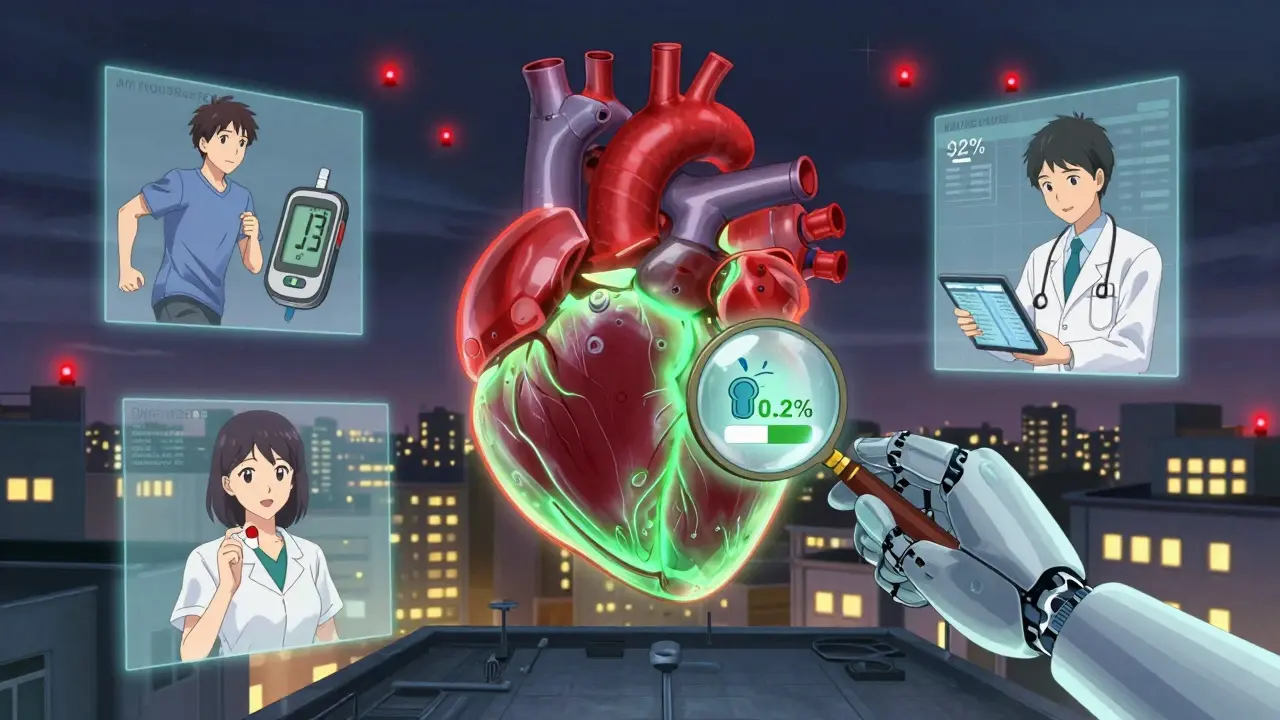 A dual-colored mechanical heart representing risk and benefit, with patients and data panels around it.