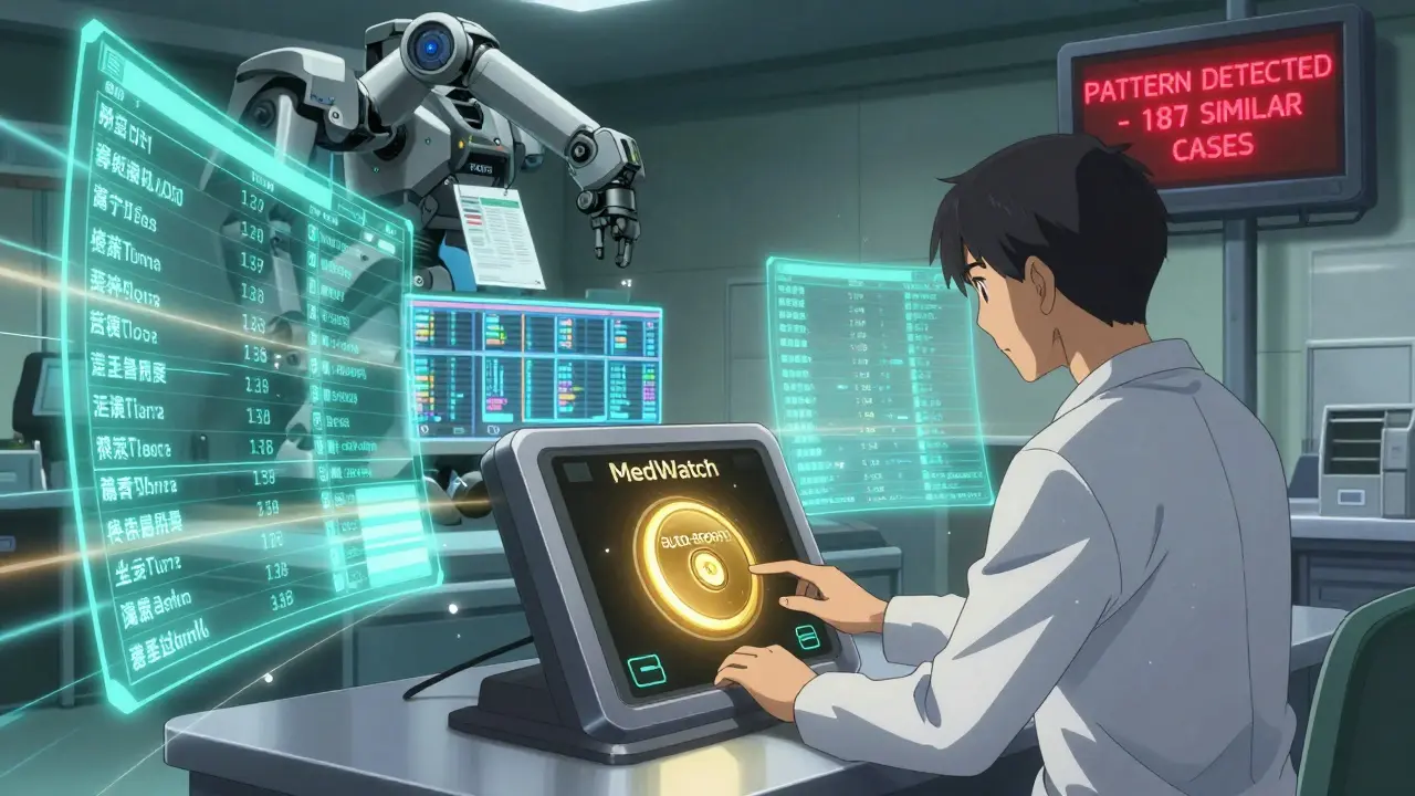 A healthcare provider using an EHR system with auto-reporting, surrounded by streaming drug data in mecha anime style.