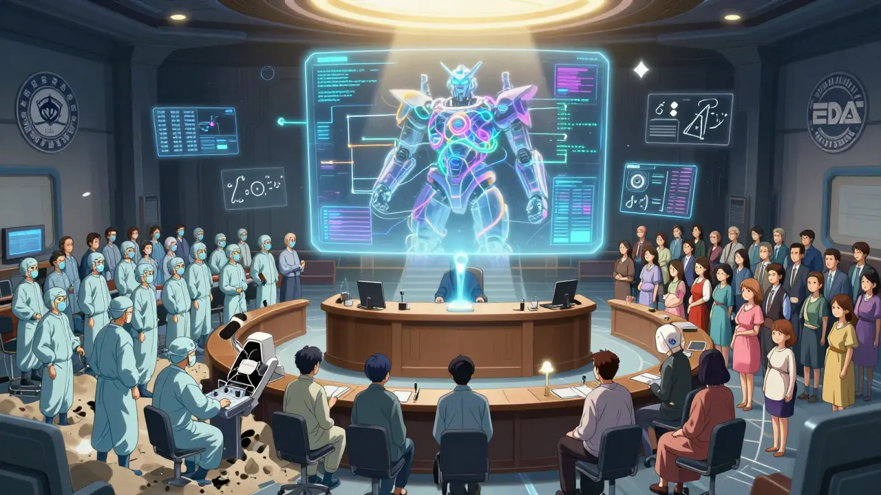 A holographic pharmacokinetic model overriding traditional bioequivalence in a futuristic courtroom.