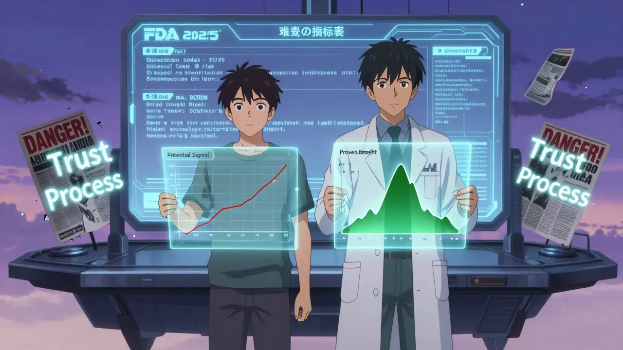 A patient and doctor comparing holographic charts of risk versus benefit under glowing FDA guidelines.