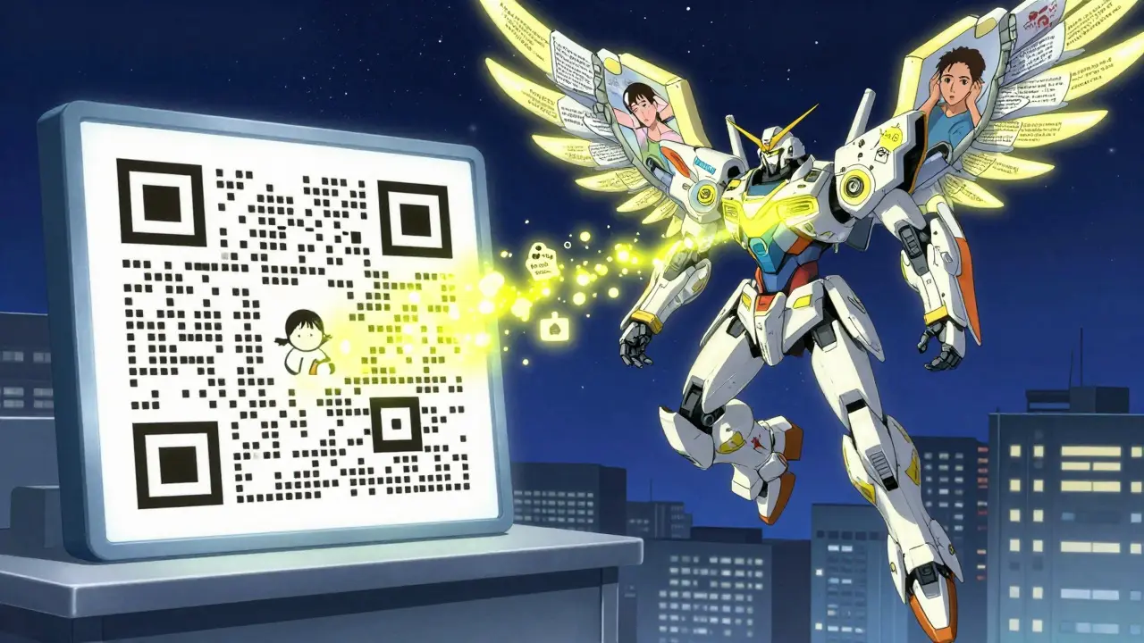 A QR code transforming into a protective mech made of patient stories, soaring over a city in mecha anime style.