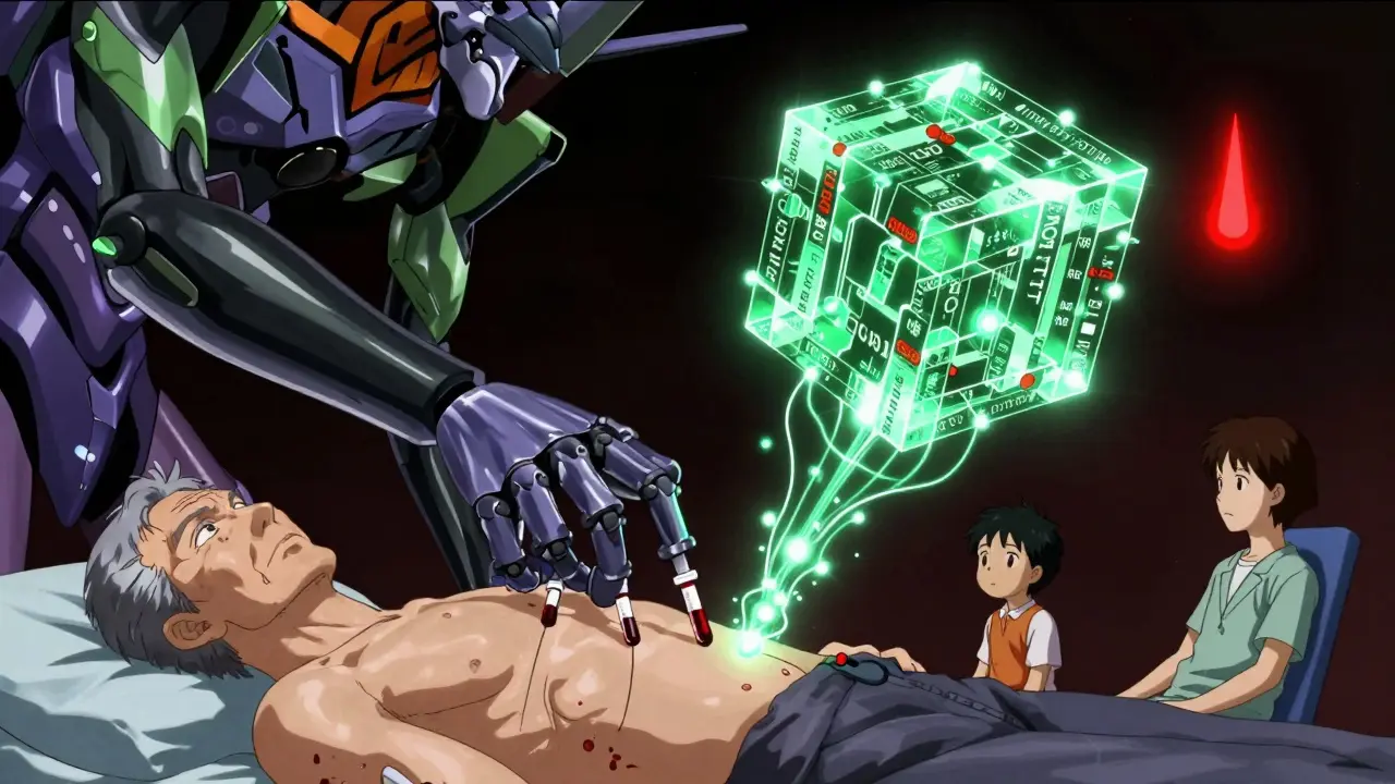 A robotic arm extracting blood samples from diverse patients into a glowing PopPK model.