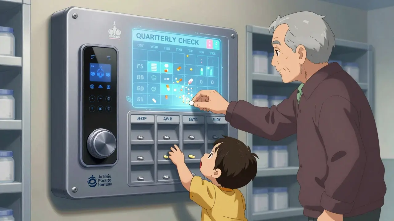 An elderly person and toddler interact with a smart medication lockbox, symbolizing safe access for all ages.