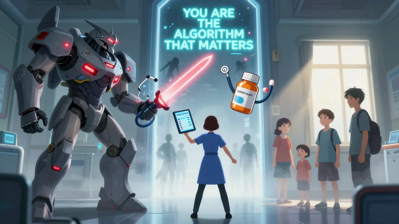 Caregiver confronting a hospital mainframe with glowing criteria, showing two futures of confusion or recovery.