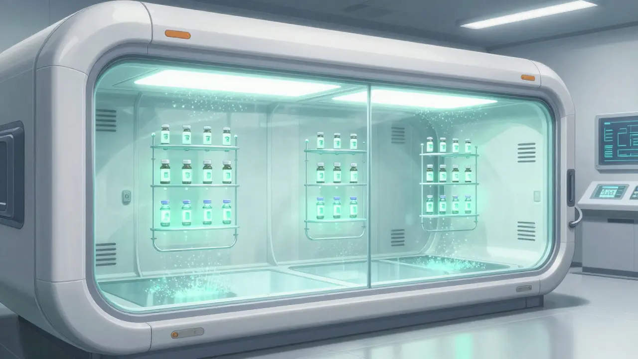 Glowing medication vials float inside a clean, white, climate-controlled preservation chamber with green safety lights.