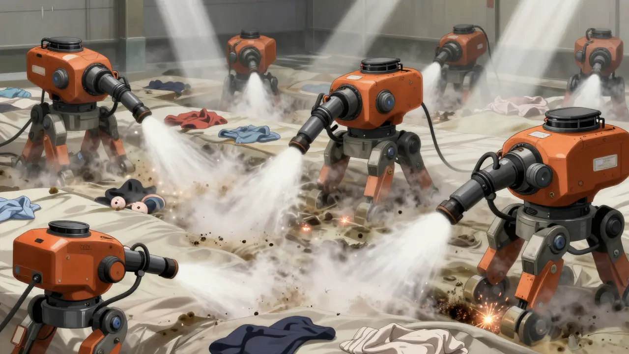 Industrial robots steam cleaning large textile fabric surfaces.
