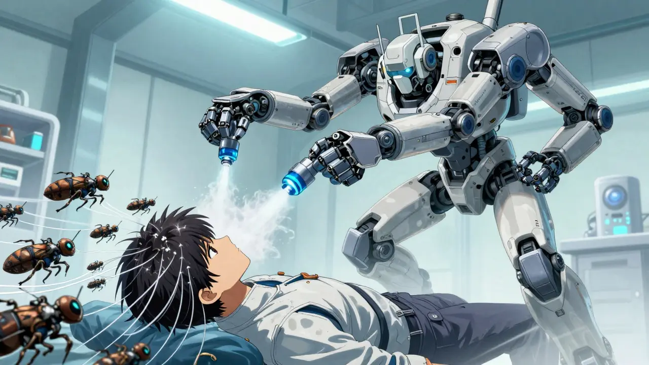 Mechanical medics spraying treatment mist on pest-infested area.