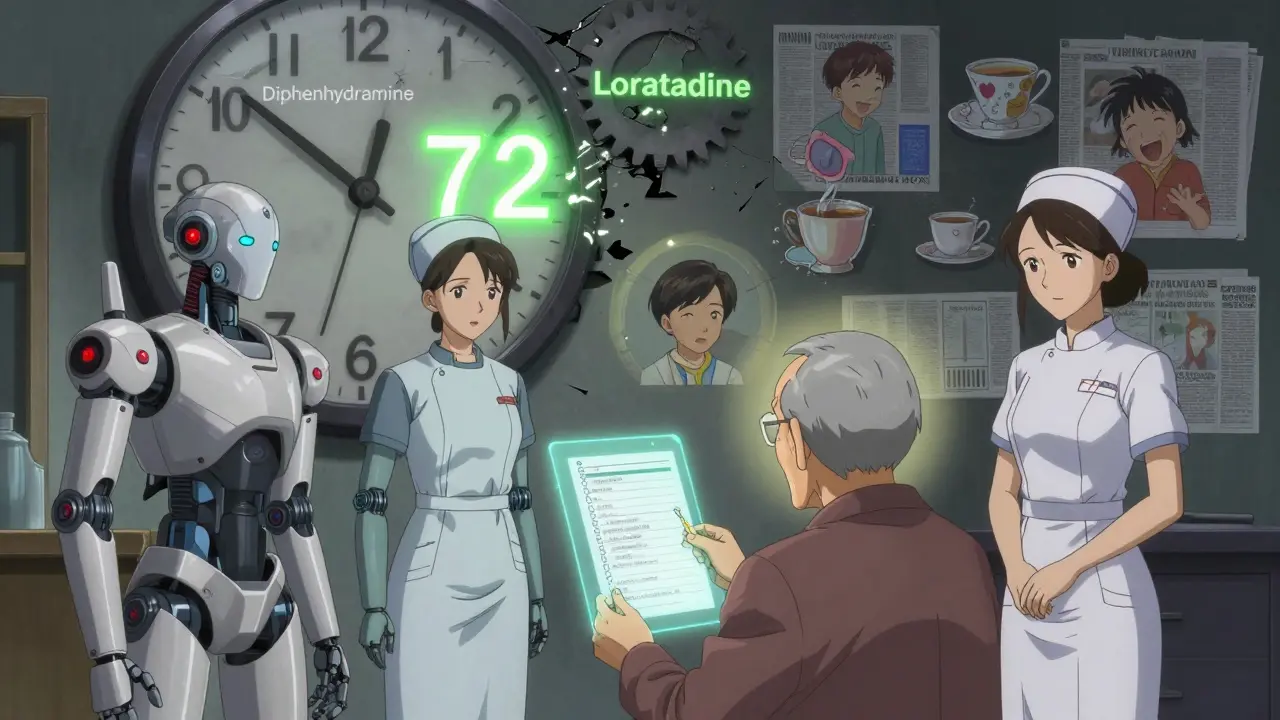 Robotic nurses scanning medication list as a clock counts down, with one drug exploding and a safer alternative activating.