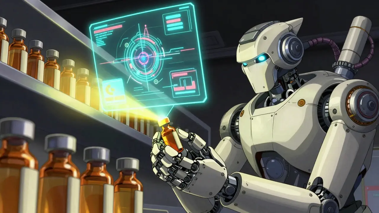 Robotic unit inspects amber medicine bottles with glowing diagnostic holograms showing stability data.