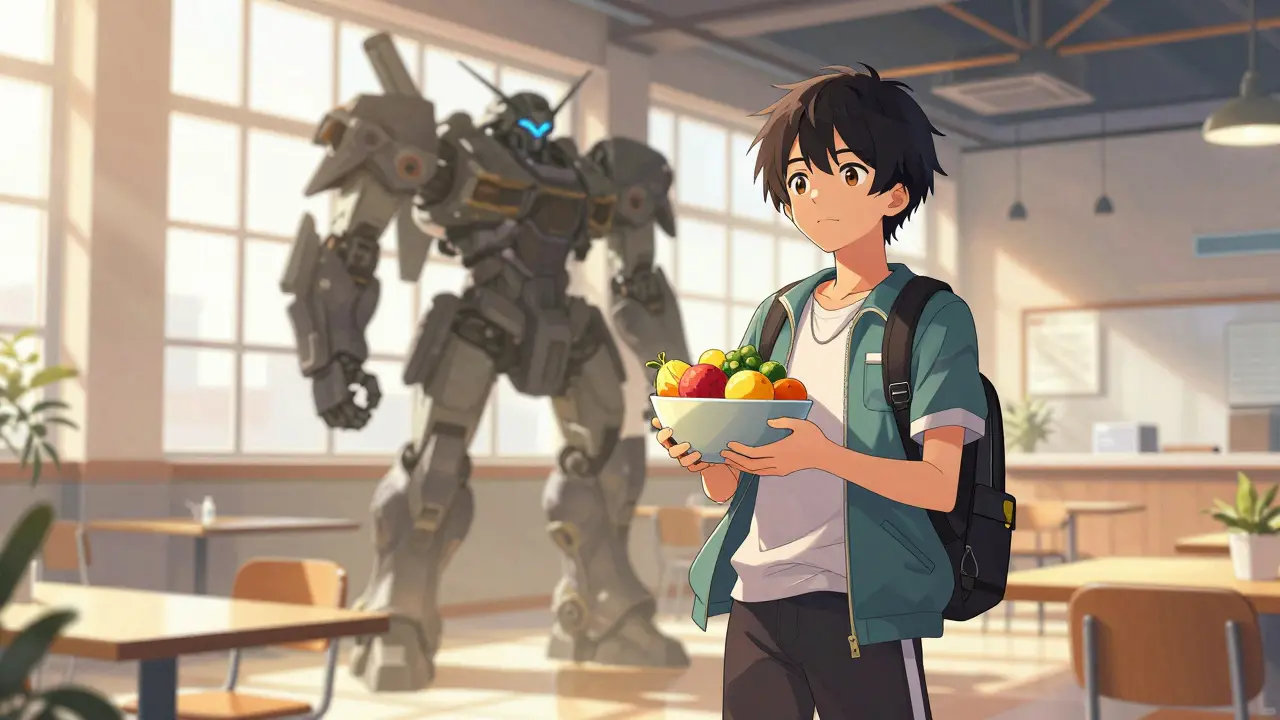 Teenager eating safely with a robot in the background