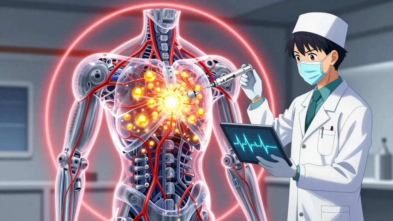 Transparent human body with accumulating golden potassium ions, a doctor preparing a potassium-binding injection under a red warning halo.