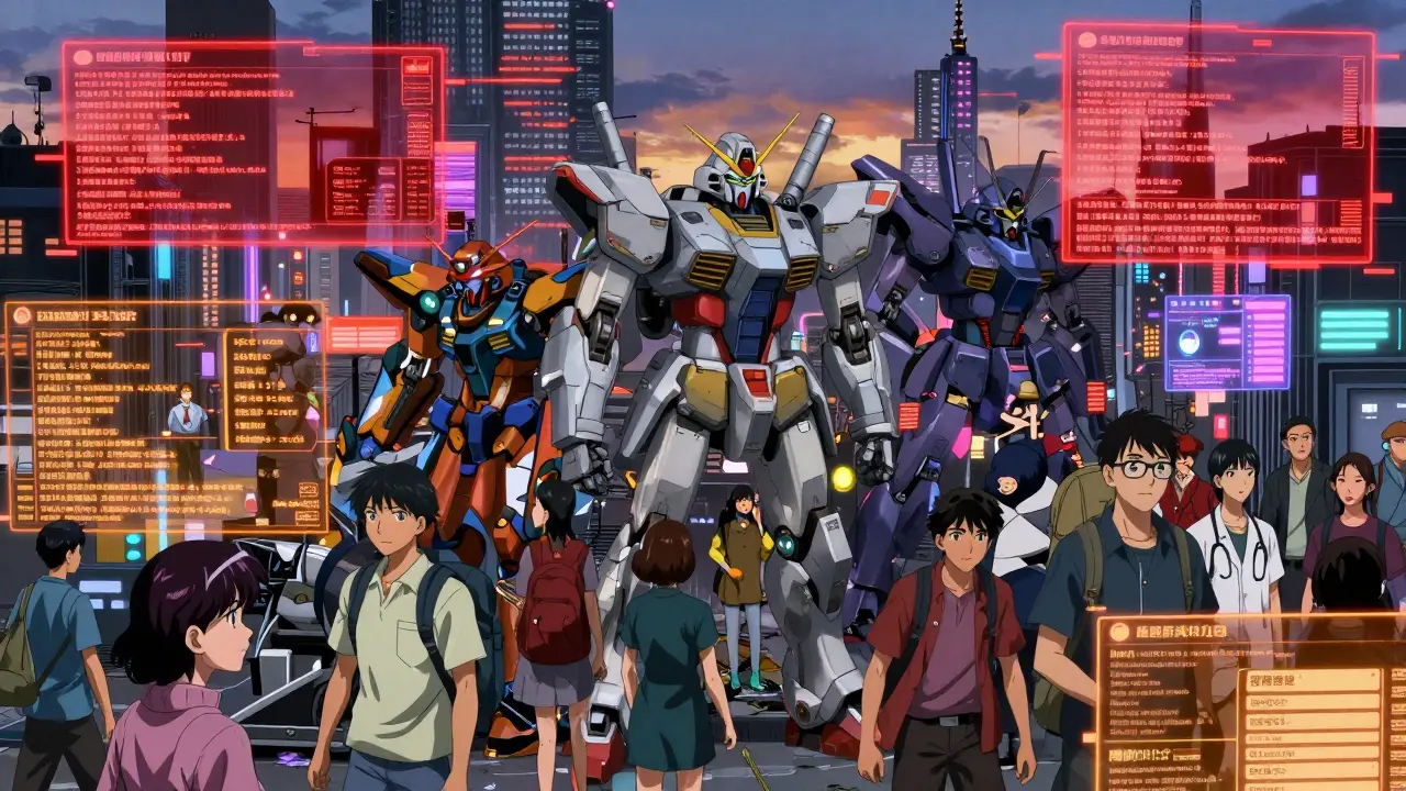 A futuristic city with diverse people and glitching data streams in mecha anime style.