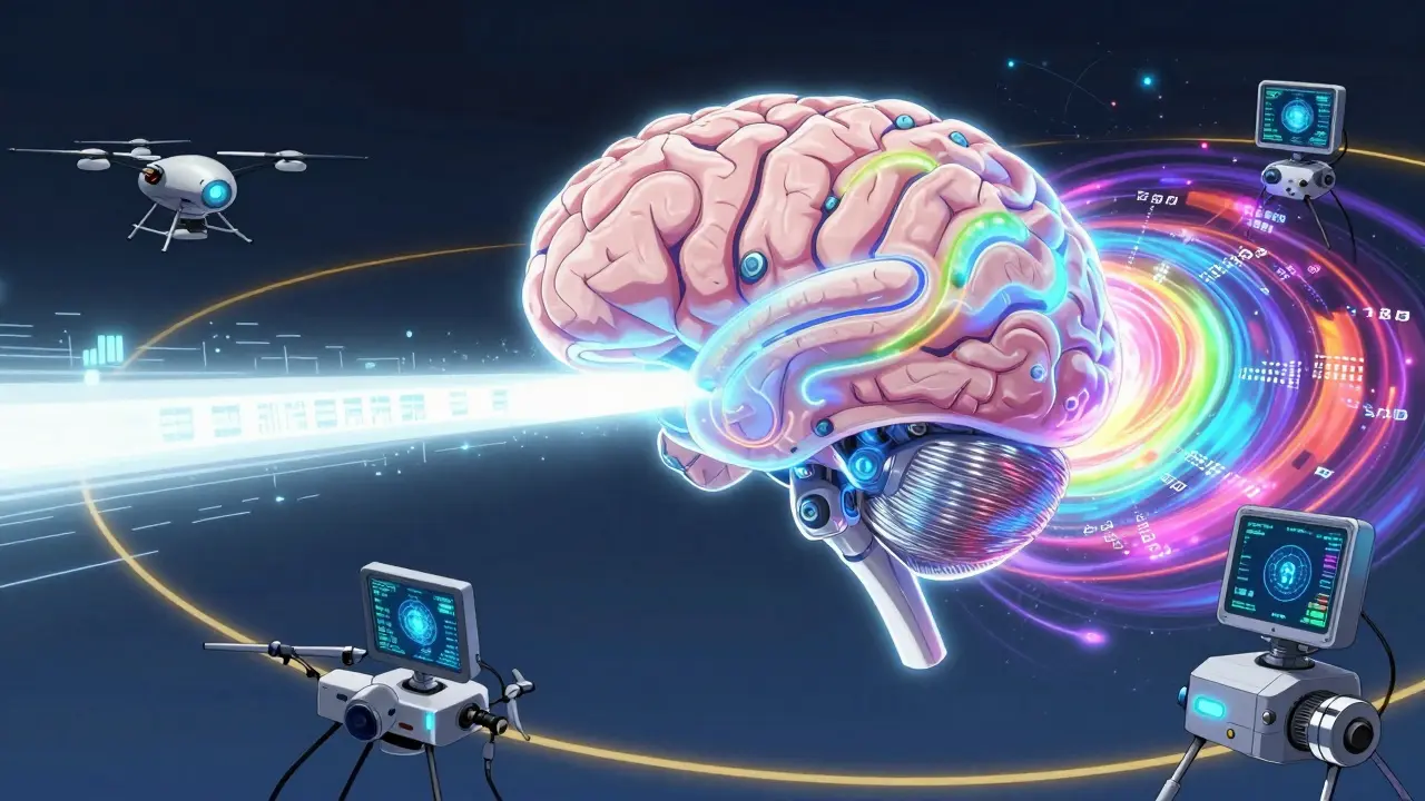 A glowing AI core merging white and multicolored data streams in mecha anime style.